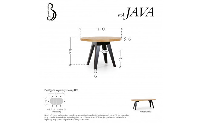 Izvelkamais galds Java 110-210 cm Dab