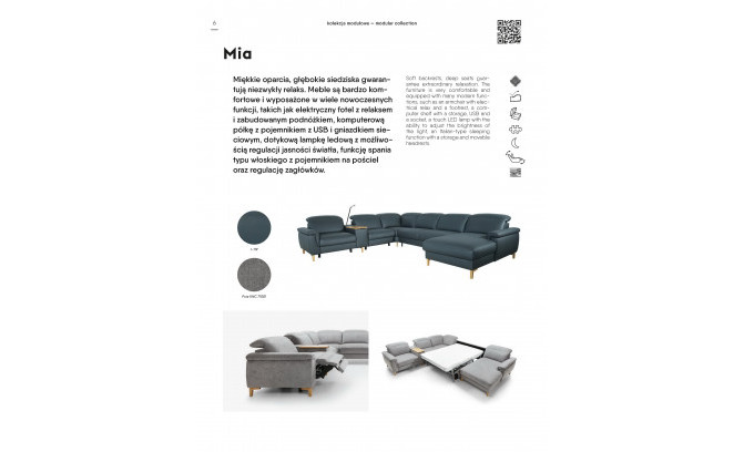 Stūra dīvāns MIA 1.5RF-Mod-Prime-1,5RF-TE-3F-REC/BK akumulator x2