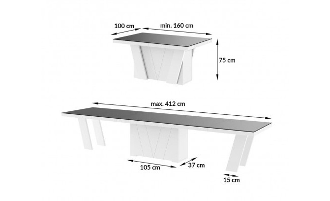 Bīdāmais galds GRANDE 160-412 cm Czarny Polysk